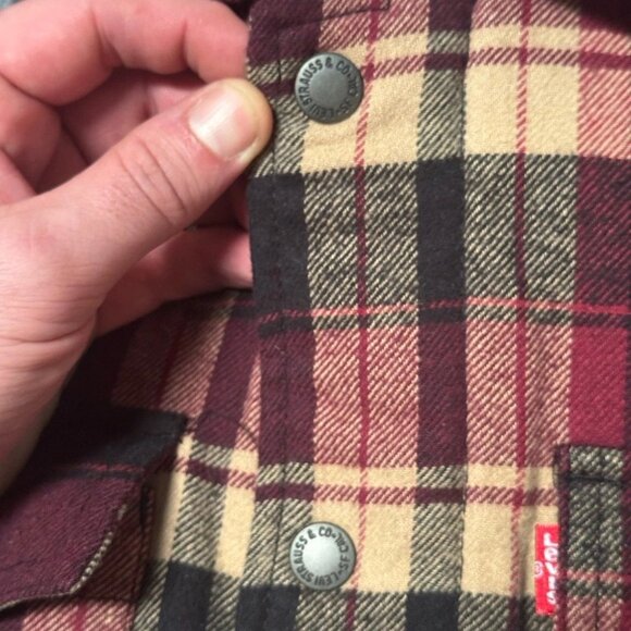 Levi's Plaid Flannel Sherpa Lined Shacket Mens L Hooded Cozy Gorpcore Workwear - Picture 10 of 16